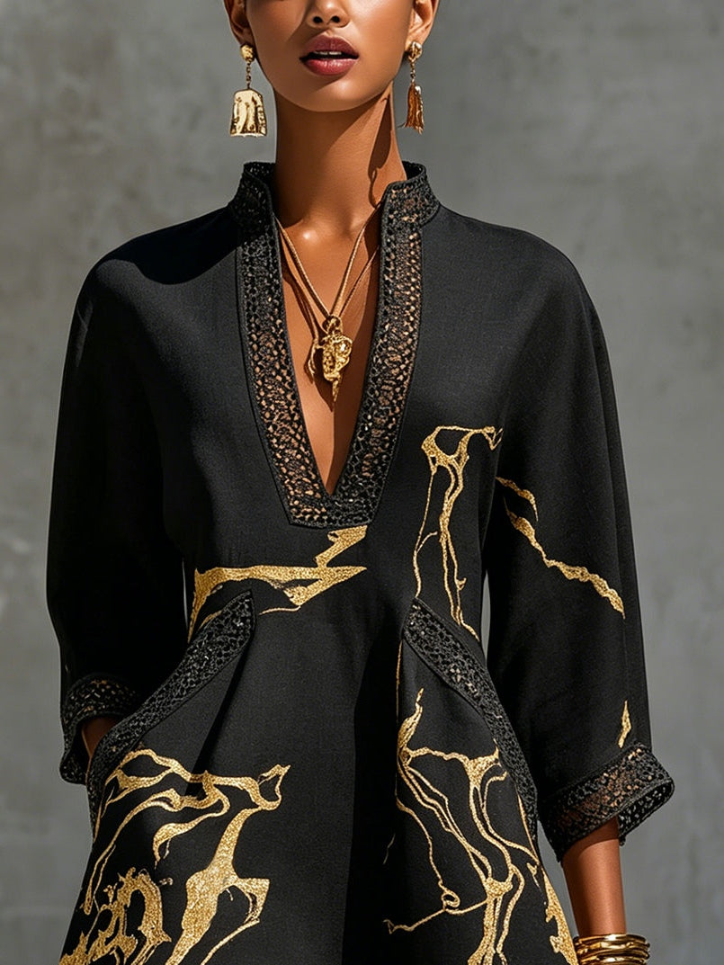 Arlinen - Minivestido Con Estampado De Mármol Dorado Y Encaje De Ganchillo