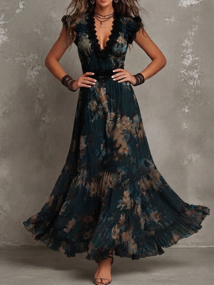Alime - Vestido Largo Con Ribete De Encaje Floral
