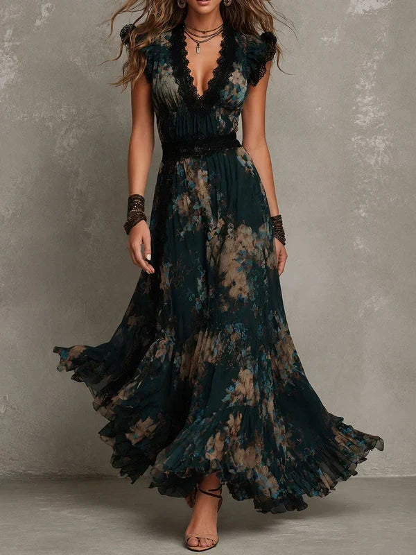 Alime - Vestido Largo Con Ribete De Encaje Floral