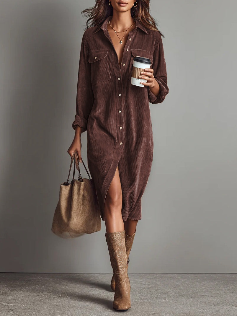 Nurcan - Vestido Camisero Con Textura de Pana y Bolsillos