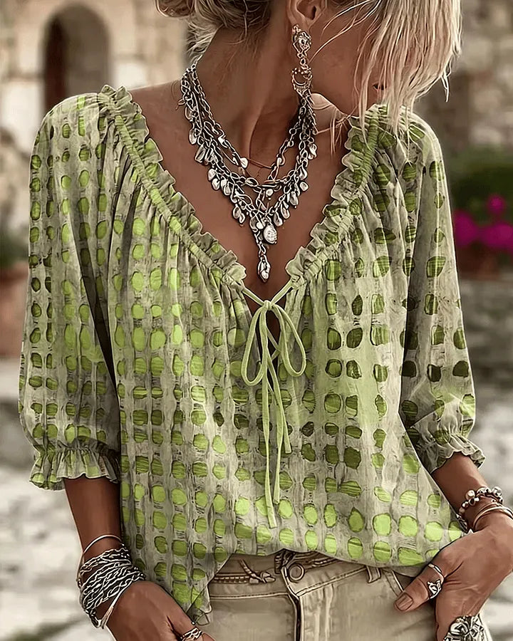 Orlyna - Blusa De Lunares Con Cordones Y Cuello en V