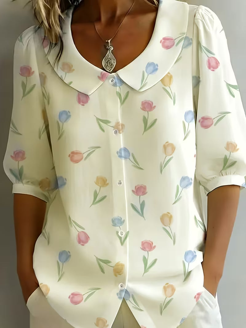 Alvique - Blusa De Manga Corta Con Cuello Estampado Floral
