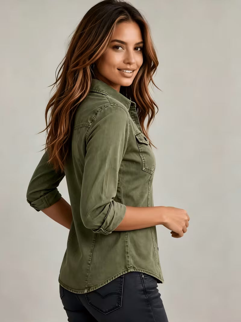 Rihana - Top de Denim Vintage Con Cuello Ajustado