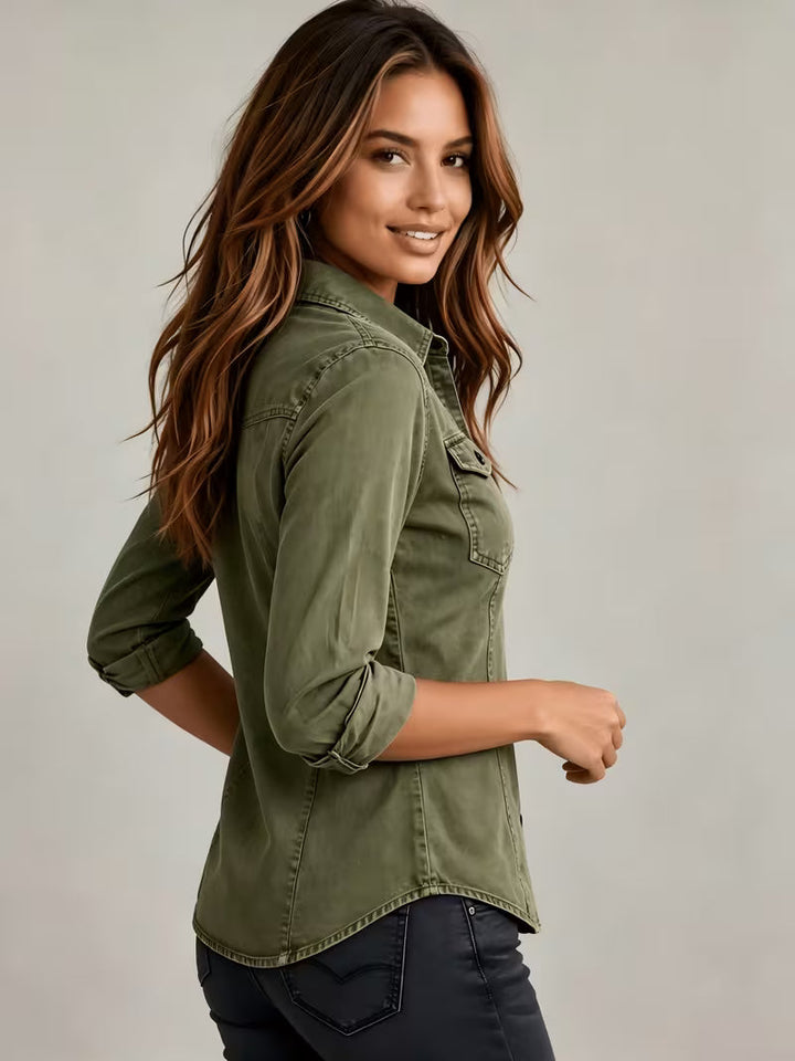 Rihana - Top de Denim Vintage Con Cuello Ajustado