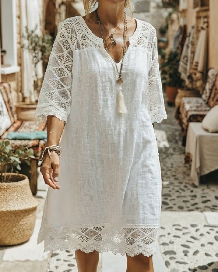 Kilina - Vestido De Encaje Con Cuello En V y Diseño De Retazos