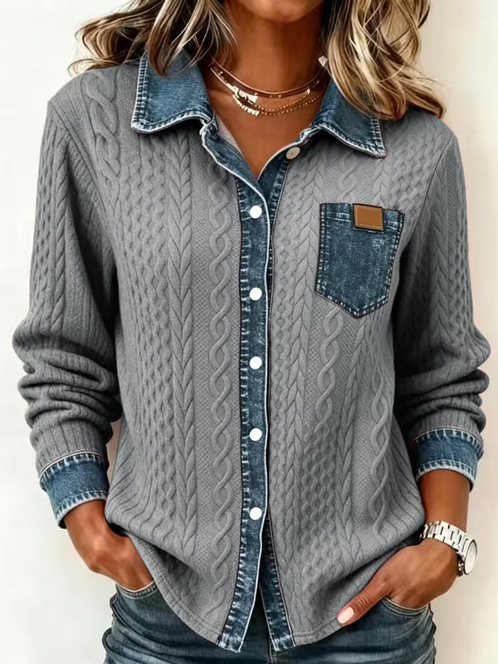 Eryna - Camiseta de Manga Larga Con Punto Trenzado y Cuello de Vaquero