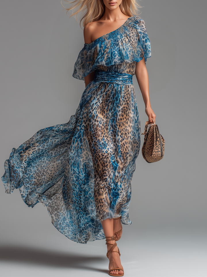 Siania - Vestido De Gasa Con Estampado De Leopardo Y Hombros Al Aire