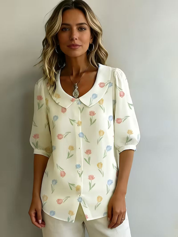 Alvique - Blusa De Manga Corta Con Cuello Estampado Floral