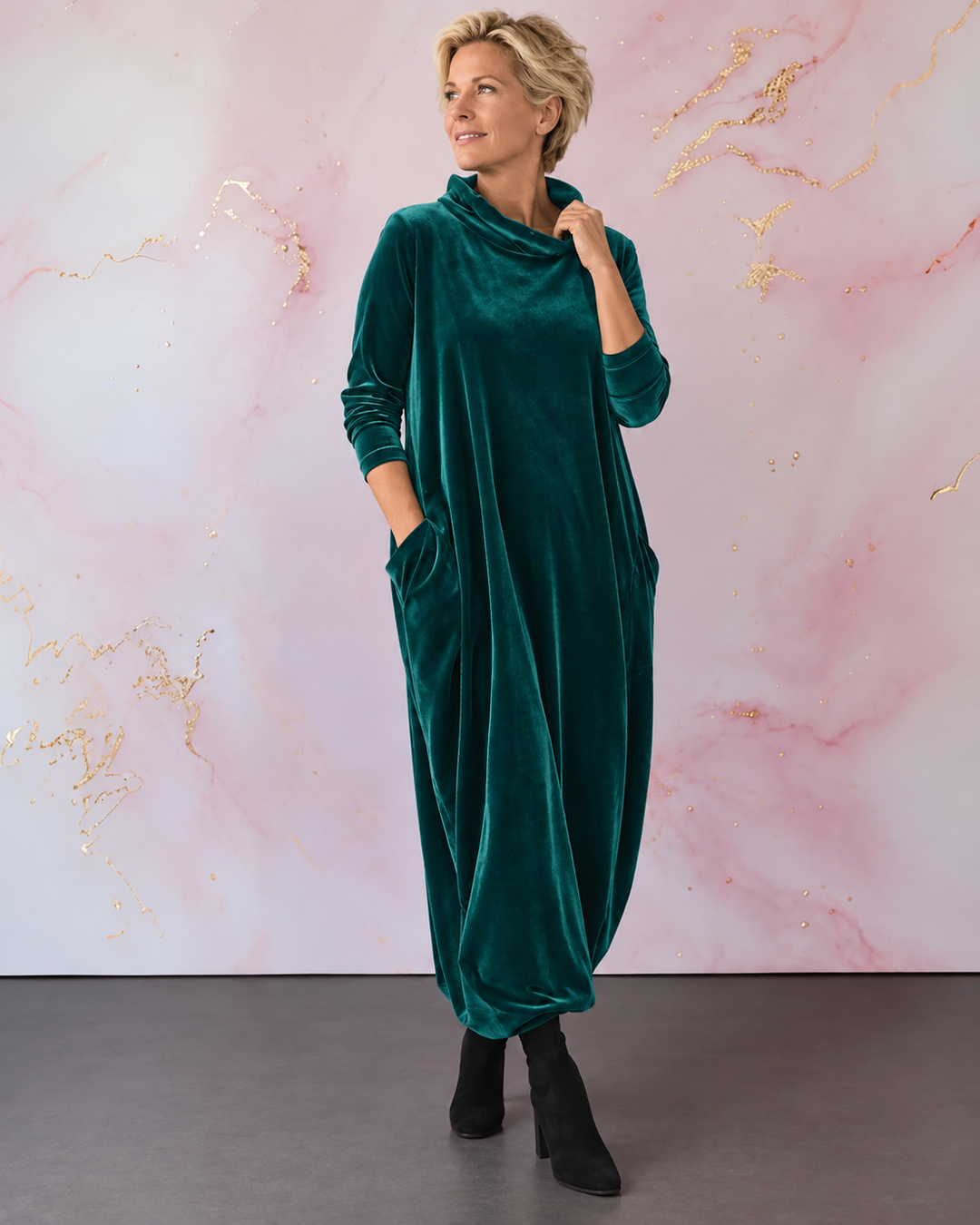 Lellina - Vestido Largo Holgado De Terciopelo Con Cuello Alto