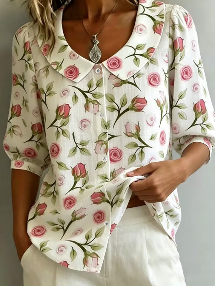 Alvique - Blusa De Manga Corta Con Cuello Estampado Floral