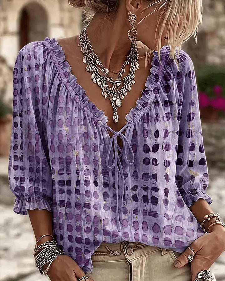 Orlyna - Blusa De Lunares Con Cordones Y Cuello en V