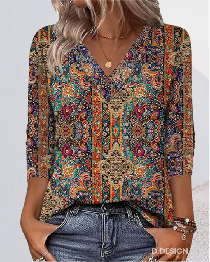 Eleeza - Blusa Con Cuello en V y Estampado Retro