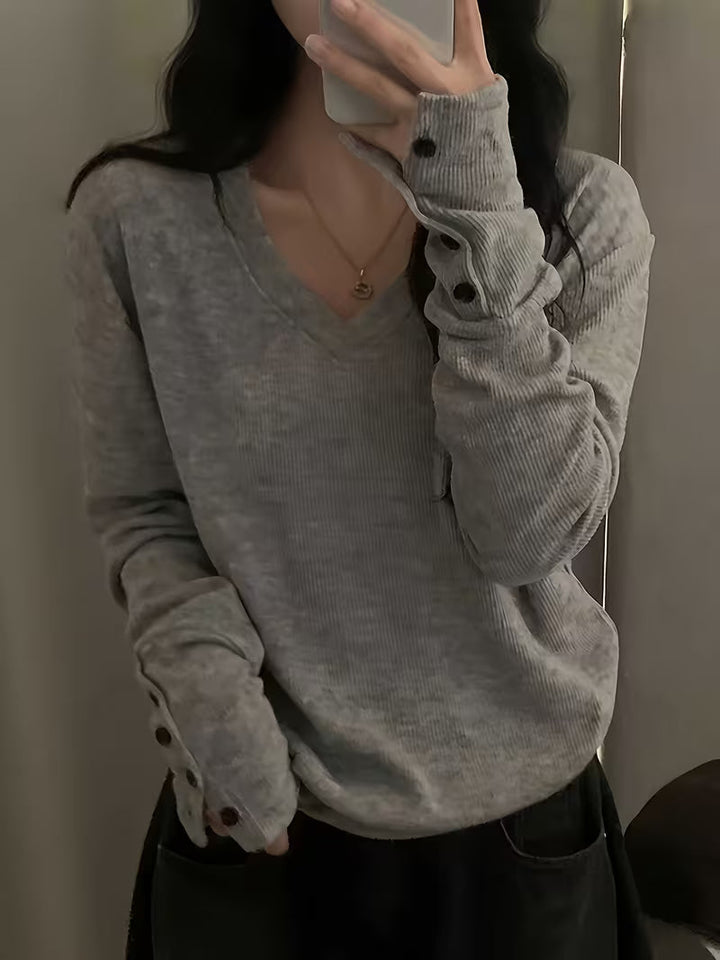 Kebina - Jersey De Cuello en V Con Puños Acanalados Y Botones