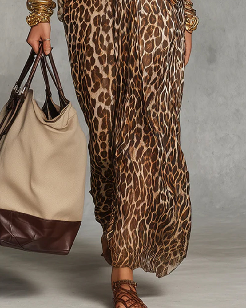 Ayrana - Vestido Largo Con Estampado de Leopardo y Escote Cruzado
