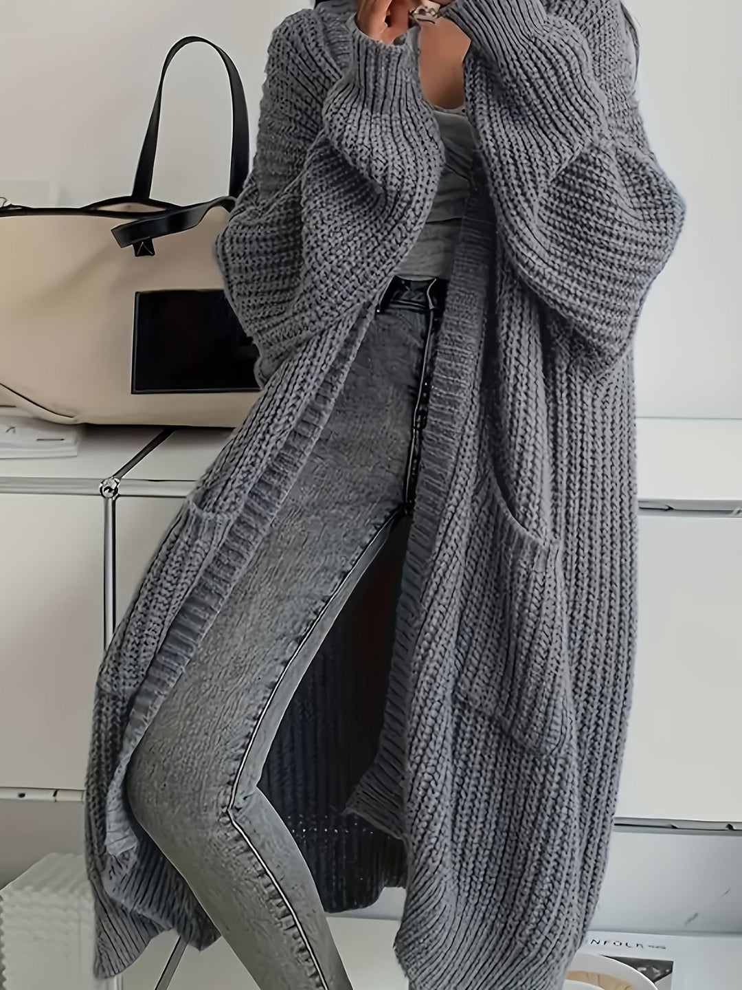 Ludivine - Cómodo Cárdigan Largo De Punto Con Abertura Delantera Y Bolsillo