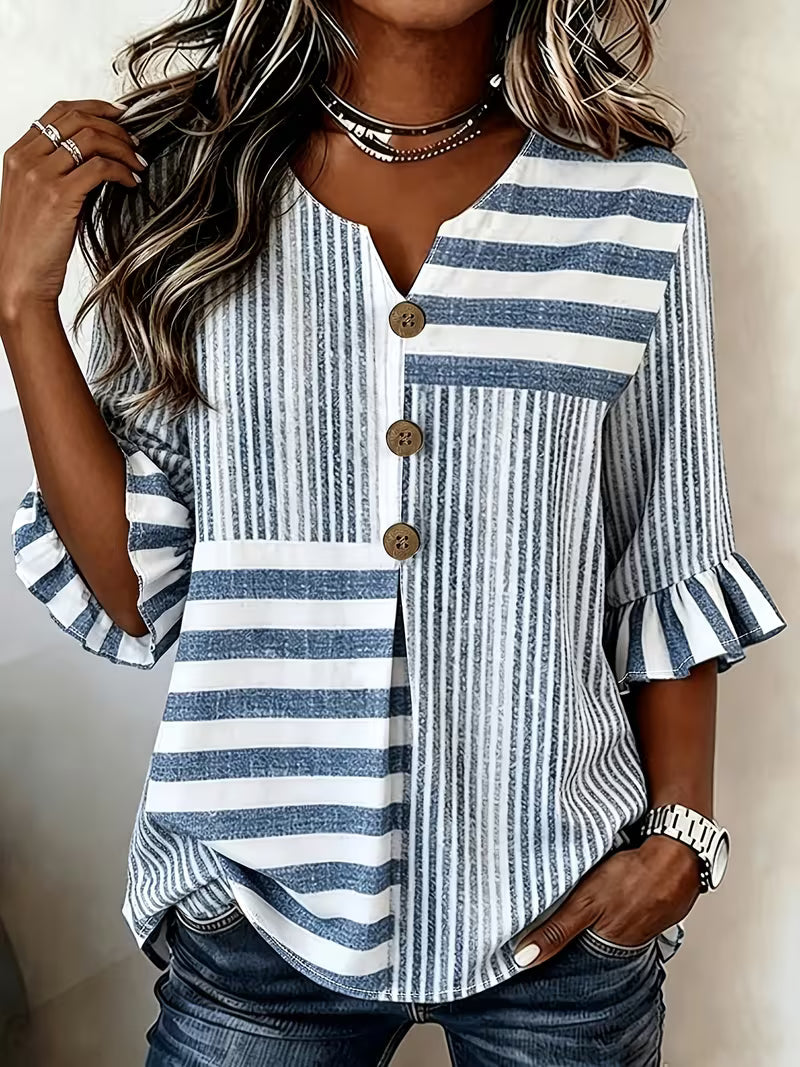 Avyra - Blusa a Rayas Con Patchwork Y Mangas Con Volantes