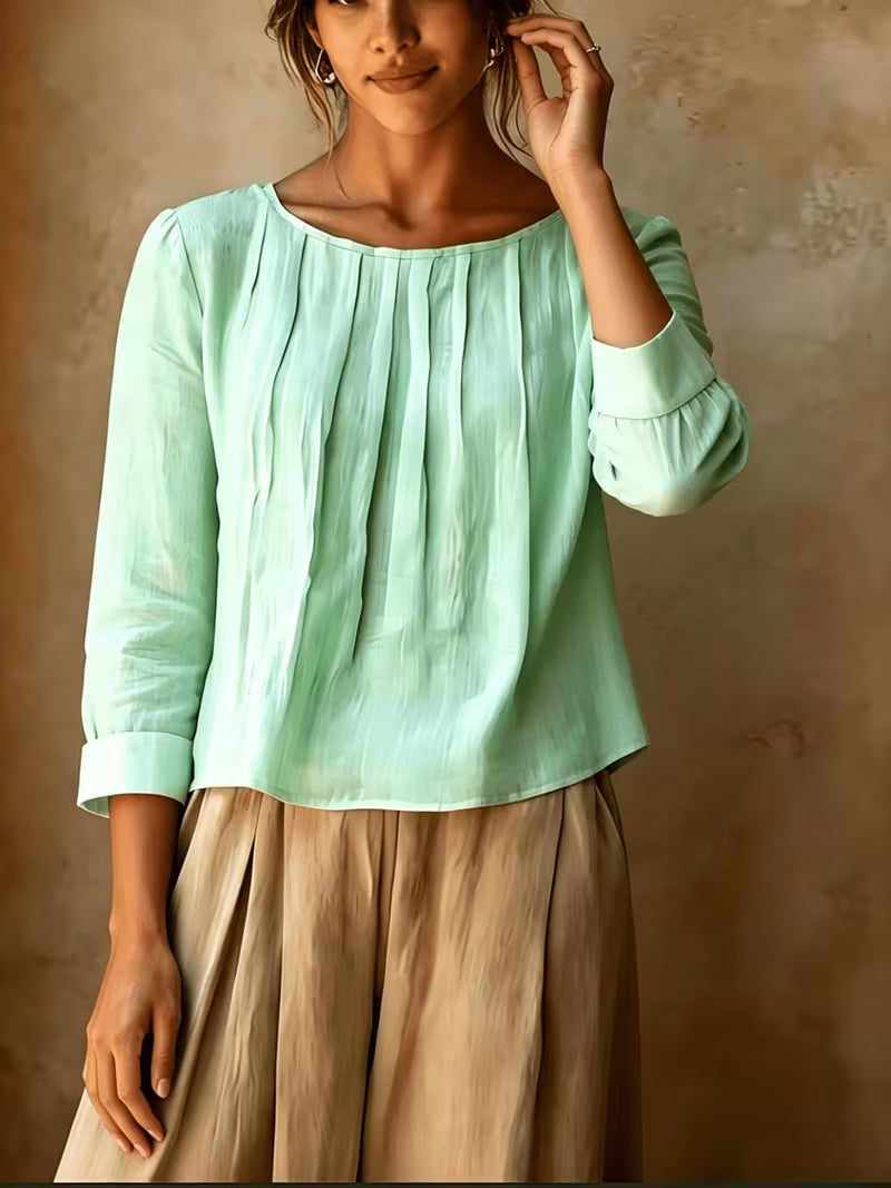 Gelina - Blusa De Cuello Redondo Con Pliegues en La Parte Delantera