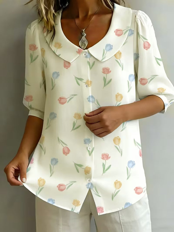 Alvique - Blusa De Manga Corta Con Cuello Estampado Floral