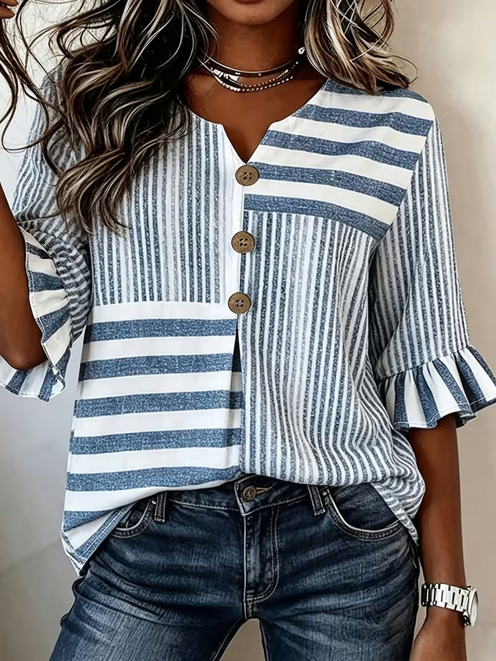 Avyra - Blusa a Rayas Con Patchwork Y Mangas Con Volantes