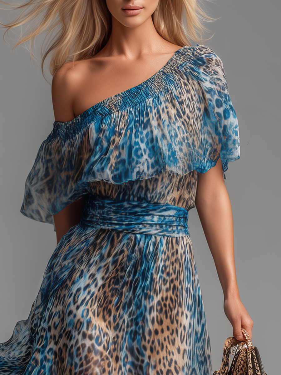 Siania - Vestido De Gasa Con Estampado De Leopardo Y Hombros Al Aire