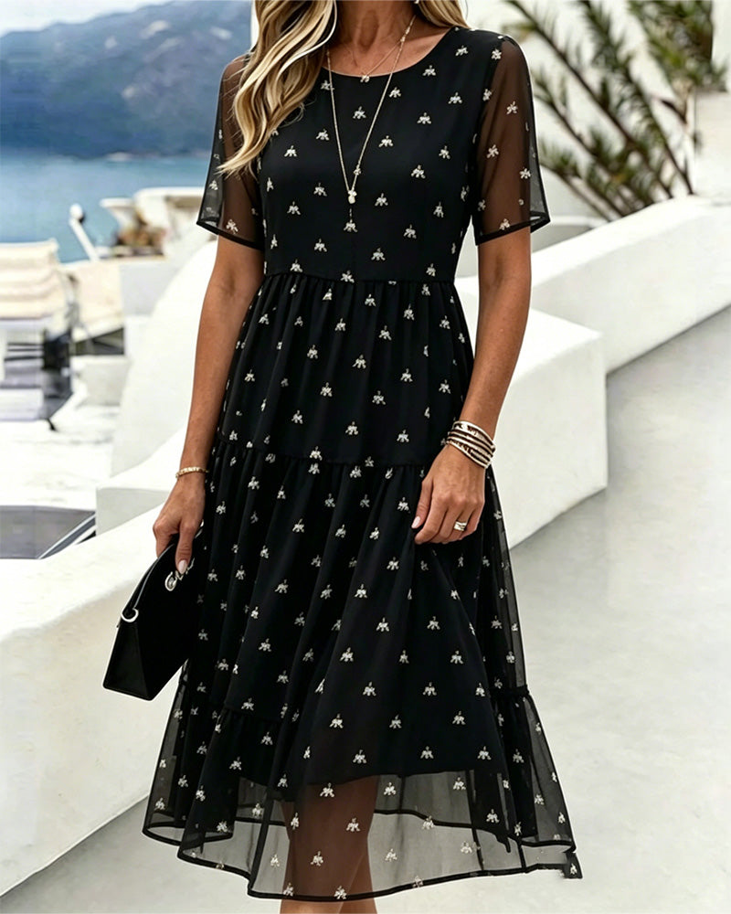 Marci - Vestido MIDI Con Estampado Floral, Mangas Transparentes Y Volantes