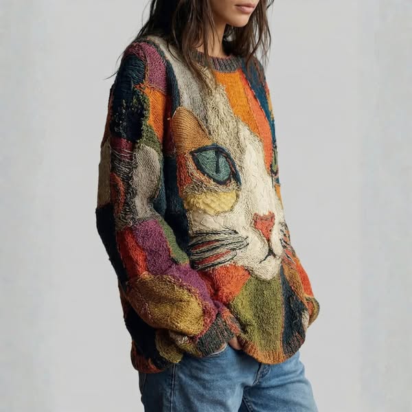 Chaya - Top Informal Con Estampado Artístico de Patchwork Con Cara de Gato