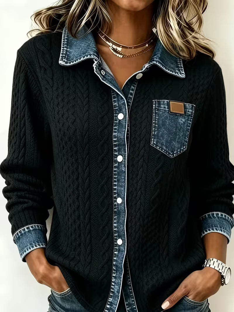 Eryna - Camiseta de Manga Larga Con Punto Trenzado y Cuello de Vaquero
