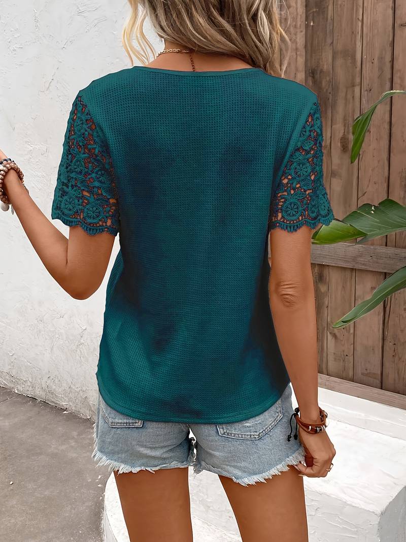 Nisa - Elegante Camiseta De Encaje De Manga Corta
