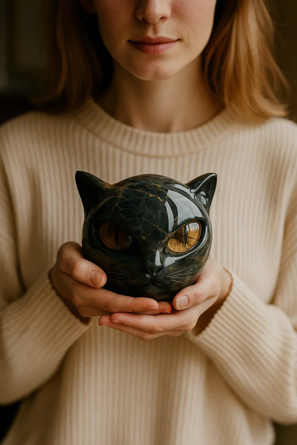 NyxCharm - Escultura De Cabeza De Gato Negro Místico