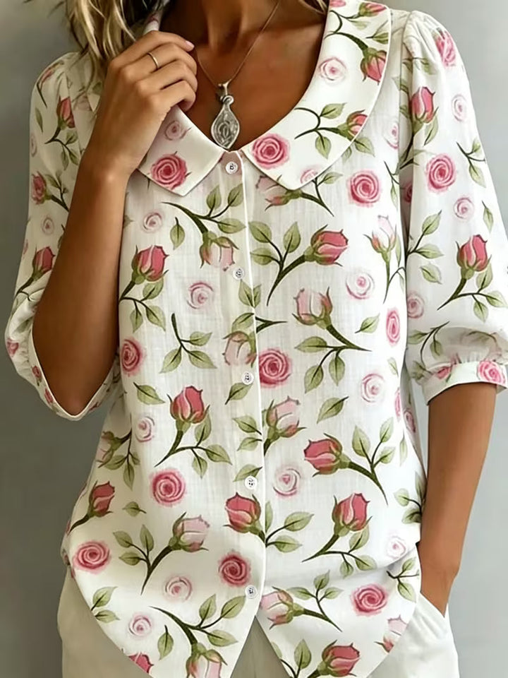 Alvique - Blusa De Manga Corta Con Cuello Estampado Floral