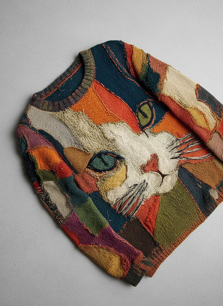 Chaya - Top Informal Con Estampado Artístico de Patchwork Con Cara de Gato