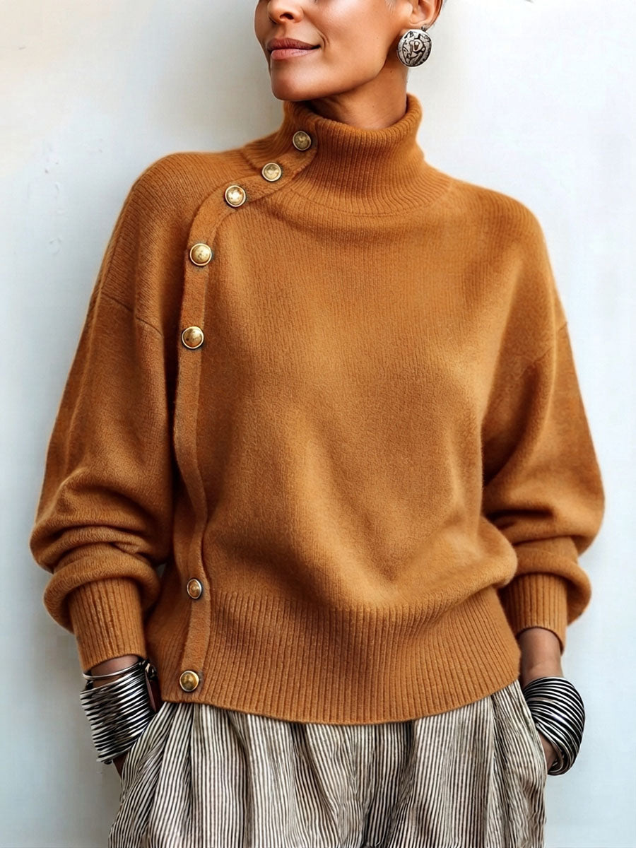 Lylian - Jersey de Manga Larga Con Cuello Alto y Ribete de Botones
