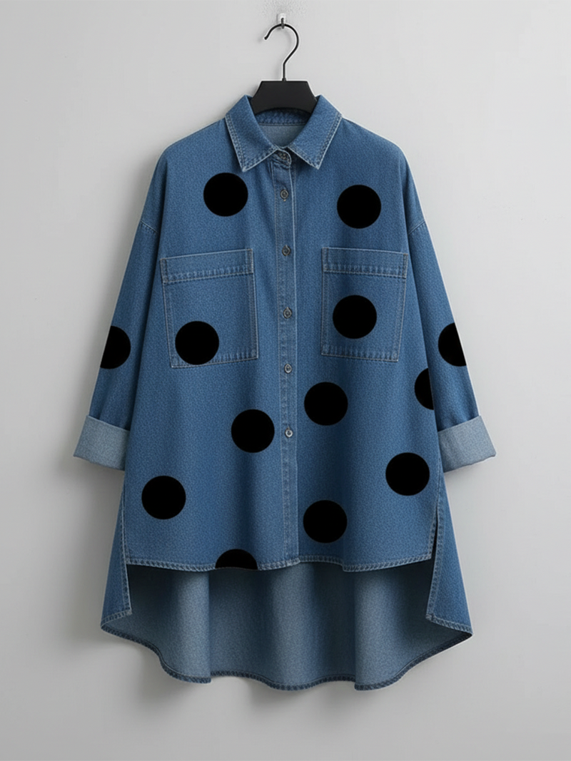 Shayner - Camisa Vaquera de Manga Larga a Rayas Con Botones y Lunares