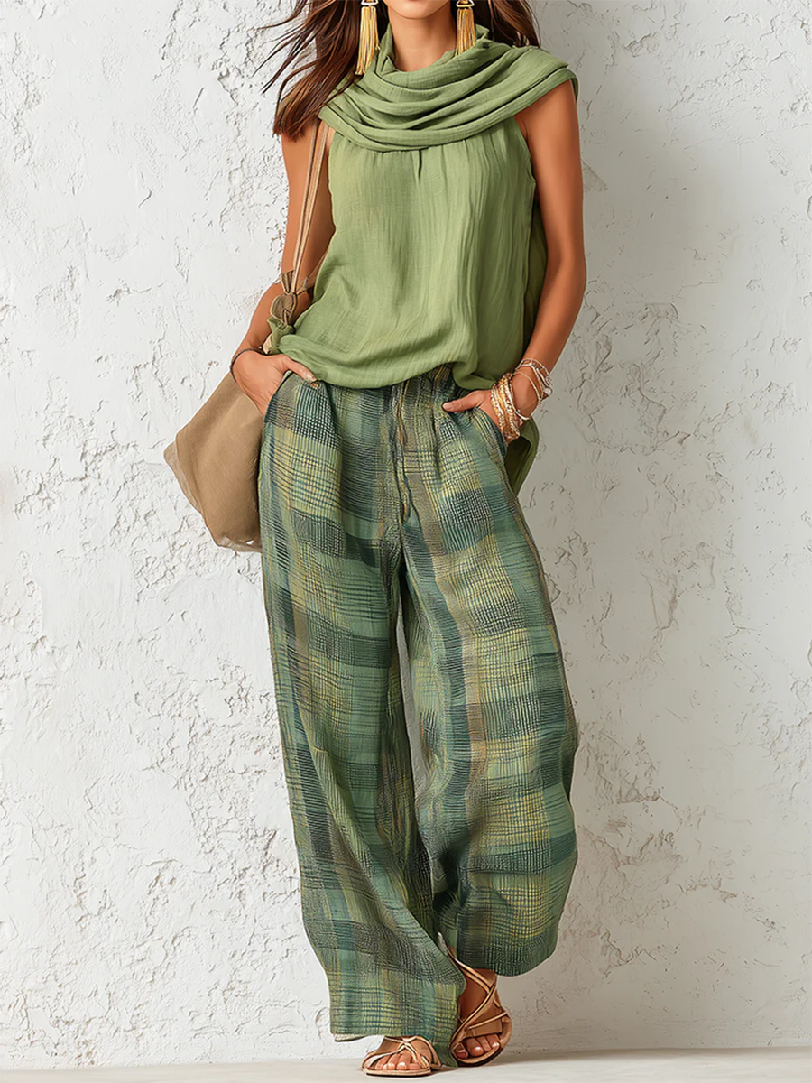 Nidya - Conjunto de Top Sin Mangas Sage Breeze y Pantalones de Pierna Ancha a Cuadros