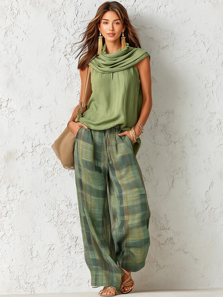 Nidya - Conjunto de Top Sin Mangas Sage Breeze y Pantalones de Pierna Ancha a Cuadros