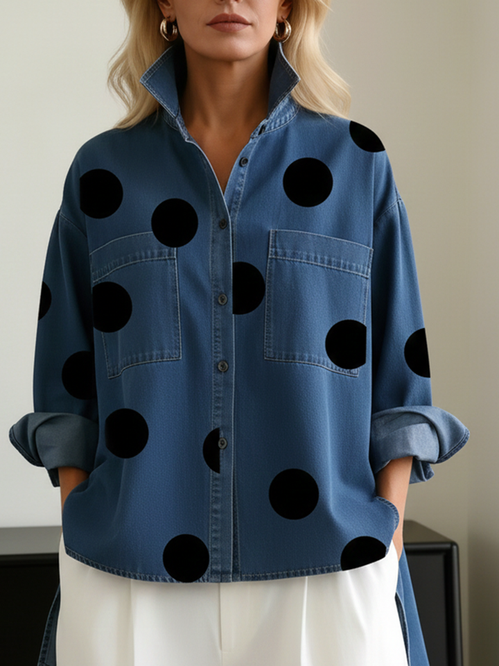 Shayner - Camisa Vaquera de Manga Larga a Rayas Con Botones y Lunares