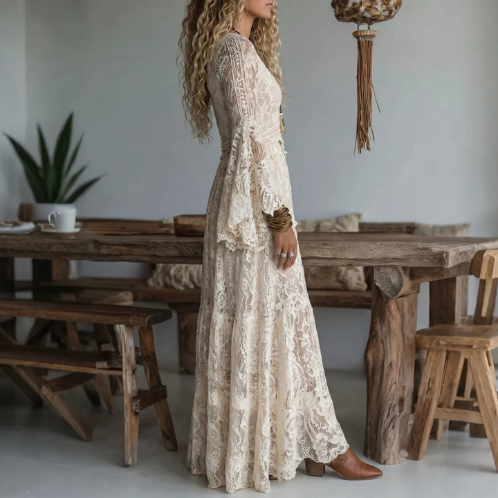 Chariya - Vestido Largo Bohemio De Encaje Floral Con Mangas Acampanadas