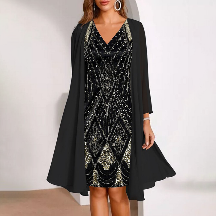 Kamla - Vestido Brillante Con Cuello en V y Capa Transparente