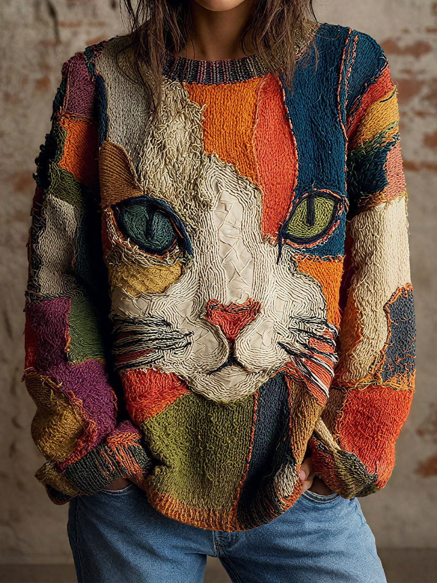 Chaya - Top Informal Con Estampado Artístico de Patchwork Con Cara de Gato