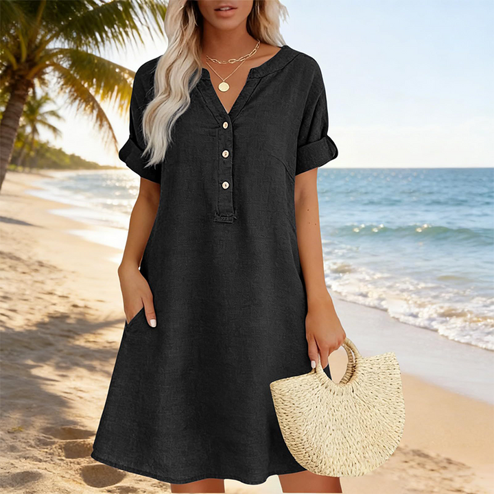 Jolande - Vestido Túnica Con Cuello en V y Bolsillos