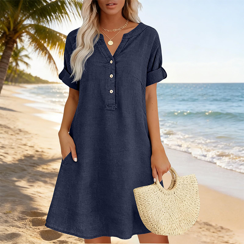Jolande - Vestido Túnica Con Cuello en V y Bolsillos