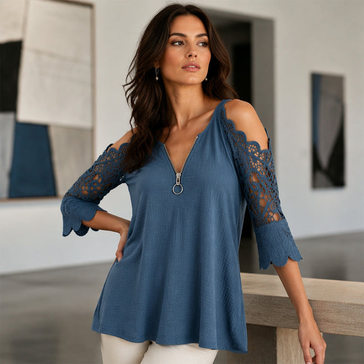 Palchuk - Elegante Blusa De Encaje Con Hombros Al Aire