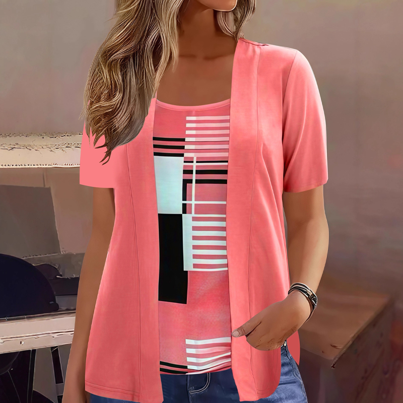 Thaminia - Camiseta De Manga Corta Con Capas Y Estampado Geométrico