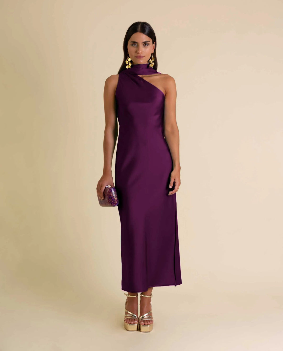 Zinash - Vestido Midi De UNn Solo Hombro Con Iazo en El Cuello