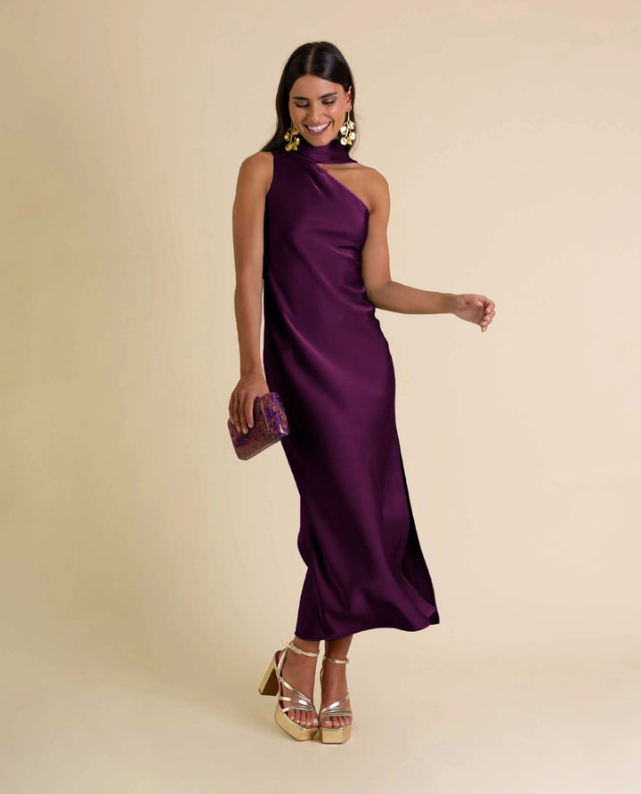 Zinash - Vestido Midi De UNn Solo Hombro Con Iazo en El Cuello