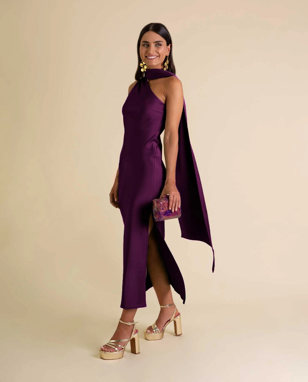 Zinash - Vestido Midi De UNn Solo Hombro Con Iazo en El Cuello